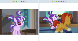 Size: 507x269 | Tagged: safe, edit, screencap, starlight glimmer, sunburst, pony, unicorn, the cutie re-mark, abuse, abuse edit, black eye, bump, colt, derpibooru, edgy, exploitable meme, filly, glimmerbuse, juxtaposition, juxtaposition win, meme, meta, op is a cuck