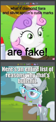 Size: 286x617 | Tagged: safe, edit, edited screencap, screencap, diamond tiara, silver spoon, sweetie belle, twilight time, bullshit, caption, clipboard, cute, derpibooru, exploitable meme, glasses, image macro, juxtaposition, juxtaposition win, let me tell you why that's bullshit, meme, meta, obligatory pony, reaction image, sudden clarity sweetie belle, vulgar