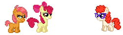 Size: 305x88 | Tagged: safe, artist:anonycat, artist:ponynoia, apple bloom, babs seed, twist, earth pony, pony, adorababs, bow, cute, desktop ponies, female, filly, freckles, glasses, gritted teeth, hair bow, lidded eyes, pixel art, simple background, smiling, trio, twistabetes, white background