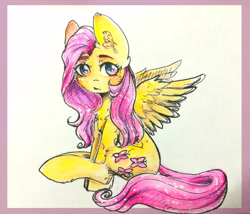 Size: 3471x2976 | Tagged: safe, artist:zefirka, fluttershy, pegasus, pony, chest fluff, ear fluff, female, head turn, looking at you, mare, sitting, solo, spread wings, traditional art, wings