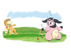 Size: 1500x1000 | Tagged: safe, artist:heir-of-rick, applejack, earth pony, pony, applejack's hat, cowboy hat, crossover, grass, hat, miltank, pokéball, pokémon, silly, silly pony, standing, who's a silly pony