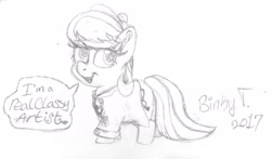 Size: 2482x1455 | Tagged: safe, artist:binkyt11, derpibooru exclusive, octavia melody, earth pony, pony, artist, chibi, clothes, cute, female, mare, monochrome, solo, traditional art