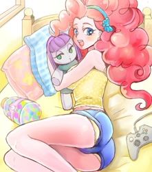 Size: 1000x1129 | Tagged: safe, artist:hobilo, maud pie, pinkie pie, human, equestria girls, adorasexy, bed, clothes, controller, cute, diapinkes, female, frilly underwear, headband, humanized, looking at you, panties, pillow, plushie, sexy, shorts, solo, tanktop, underwear, upshorts, yellow underwear