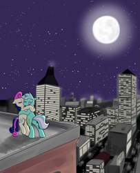 Size: 2087x2574 | Tagged: safe, artist:whatsapokemon, bon bon, lyra heartstrings, sweetie drops, car, city, eyes closed, female, full moon, kissing, lesbian, lyrabon, moon, night, roof, rooftop, scenery, shipping