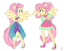 Size: 1600x1278 | Tagged: safe, artist:ilaria122, part of a set, fluttershy, equestria girls, equestria girls series, forgotten friendship, rollercoaster of friendship, alternate hairstyle, alternate universe, braid, clothes, dress, duality, element of kindness, eyeshadow, flower, flower in hair, geode of fauna, guardian, guardians of harmony, high heels, jewelry, makeup, ponied up, self paradox, shoes, simple background, super ponied up, tiara, transparent background, vector