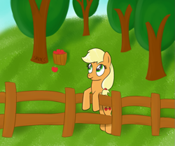 Size: 853x712 | Tagged: safe, artist:sanzols, applejack, earth pony, pony, apple tree, bipedal, bipedal leaning, female, fence, leaning, mare, missing accessory, signature, solo, tree