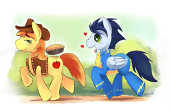 Size: 1163x739 | Tagged: safe, artist:ende26, braeburn, soarin', earth pony, pegasus, pony, clothes, eyes on the prize, gay, heart, male, pie, shipping, soarburn, stallion, tongue out, trotting, uniform, wonderbolts uniform