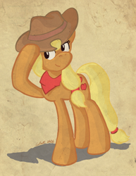 Size: 612x792 | Tagged: safe, artist:cobaltsketch, applejack, earth pony, pony, bandana, hat, hat tip, solo