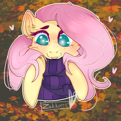 Size: 1024x1024 | Tagged: safe, artist:zakkurro, fluttershy, pegasus, pony, :p, autumn, bust, cheek fluff, clothes, cute, eyebrows, female, full face view, heart, heart eyes, mare, portrait, scarf, shyabetes, silly, smiling, solo, tongue out, wingding eyes