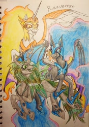 Size: 423x604 | Tagged: safe, artist:raeverran, daybreaker, nightmare moon, nightmare star, princess celestia, queen chrysalis, alicorn, changeling, changeling queen, pony, bat eyes, bat wings, evil grin, grin, slit eyes, smiling, snake eyes, traditional art, wings