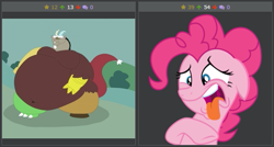 Size: 515x276 | Tagged: safe, artist:sketchmcreations, artist:werewolfstuffer, discord, pinkie pie, earth pony, pony, spice up your life, belly, belly button, bhm, big belly, dark theme, derpibooru, disgusted, fat, fatcord, floppy ears, juxtaposition, juxtaposition win, meme, meta, moobs, morbidly obese, night mode, obese, open mouth, raised hoof, simple background, tongue out, transparent background, vector