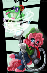 Size: 990x1530 | Tagged: safe, artist:bumblebun, gummy, pinkie pie, earth pony, pony, clothes, costume, female, hat, luigi's mansion, mare, video game crossover