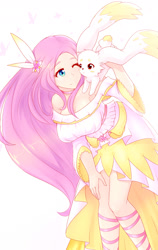 Size: 1134x1800 | Tagged: safe, artist:jonfawkes, angel bunny, fluttershy, human, rabbit, anime, breasts, choker, clothes, cute, dress, female, hootershy, humanized, shyabetes, simple background, smiling, white background, winged humanization, wings