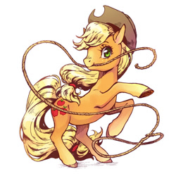 Size: 450x450 | Tagged: safe, artist:kutty-sark, applejack, earth pony, pony, cowboy hat, female, hat, lasso, looking at you, mare, mouth hold, rearing, rope, simple background, solo, white background