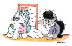 Size: 2132x1371 | Tagged: safe, artist:bobthedalek, dj pon-3, octavia melody, vinyl scratch, earth pony, pony, bathrobe, clothes, female, octavia is not amused, robe, rubber duck, towel, traditional art, unamused, wet mane