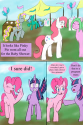 Size: 1000x1510 | Tagged: safe, artist:emilou1985, derpibooru import, pinkie pie, twilight sparkle, twilight sparkle (alicorn), oc, alicorn, earth pony, pony, comic:signs, alternate universe, baby shower, comic, pregnant, surprised