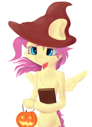 Size: 4271x5861 | Tagged: safe, artist:generallegion, fluttershy, pegasus, pony, absurd resolution, book, halloween, hat, holiday, jack-o-lantern, pumpkin, solo, spread wings, wings