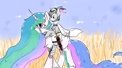 Size: 954x533 | Tagged: artist needed, source needed, safe, princess celestia, oc, oc:light knight, alicorn, pony, armor, horse riding a horse, knight, lightestia, ponies riding ponies, princess celestia is a horse, riding, sword, weapon