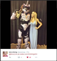 Size: 528x561 | Tagged: safe, human, bronycon, bronycon 2016, bronycon5, clothes, cosplay, costume, fire team harmony, halo (series), irl, irl human, meta, photo, tara strong, twilight spartan, twitter