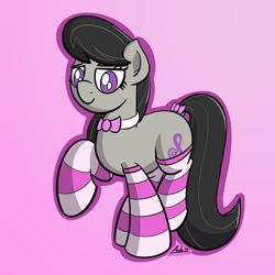 Size: 2000x2000 | Tagged: safe, artist:ashtoneer, octavia melody, earth pony, pony, bow, bowtie, clothes, commission, cute, female, mare, simple background, smiling, socks, solo, striped socks, tail bow