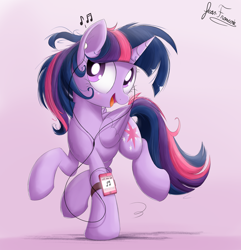Size: 2080x2160 | Tagged: safe, artist:bugplayer, derpibooru import, twilight sparkle, twilight sparkle (alicorn), alicorn, pony, cute, dancing, earbuds, female, five finger death punch, ipod, listening, mare, messy mane, mp3 player, music, music notes, open mouth, raised hoof, raised leg, signature, solo, twiabetes