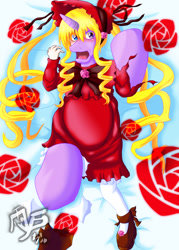 Size: 750x1050 | Tagged: safe, artist:shutters nagel, derpibooru import, twilight sparkle, human, pony, unicorn, anime, blushing, body pillow, body pillow design, bonnet, character to character, clothes, crossover, female, flower, horrified, human to pony, japanese, rose, rozen maiden, shinku, solo, torn clothes, transformation