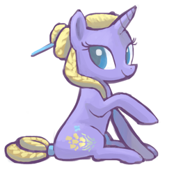 Size: 800x800 | Tagged: safe, artist:needsmoarg4, forsythia, pony, unicorn, g4, colored pupils, female, mare, raised hoof, sitting, smiling, solo