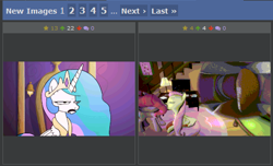 Size: 518x315 | Tagged: safe, derpibooru import, fluttershy, pinkie pie, princess celestia, alicorn, earth pony, pegasus, pony, derpibooru, juxtaposition, juxtaposition win, kissing, meme, meta, unpleased