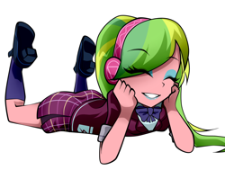 Size: 1320x1000 | Tagged: safe, artist:nekojackun, lemon zest, equestria girls, friendship games, clothes, crystal prep academy, crystal prep academy uniform, crystal prep shadowbolts, cute, eyes closed, happy, headphones, high heels, listening, music, necktie, pleated skirt, prone, school uniform, shoes, simple background, skirt, smiling, socks, solo, white background