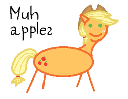 Size: 344x266 | Tagged: safe, artist:watermelon changeling, derpibooru exclusive, applejack, earth pony, pony, 1000 hours in ms paint, c:, female, mare, misspelling, muh, simple background, smiling, solo, stick figure, white background