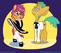 Size: 604x524 | Tagged: safe, scootaloo, snails, pony, semi-anthro, unicorn, asksnipsandorsnails, ax brutaloo, bipedal, clothes, dress, female, male, shipping, snailoo, stallion, straight