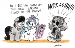 Size: 2335x1526 | Tagged: safe, artist:bobthedalek, dj pon-3, octavia melody, vinyl scratch, cyborg, earth pony, pony, conqueror, cyberman, cybernomad, doctor who, karma, massacrist, newspaper, screaming, traditional art