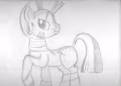 Size: 3504x2480 | Tagged: safe, artist:jbond, zecora, zebra, monochrome, raised hoof, simple background, solo, traditional art, white background