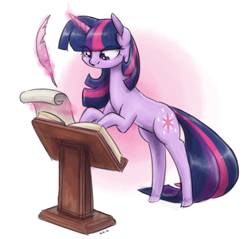 Size: 1000x954 | Tagged: safe, alternate version, artist:king-kakapo, derpibooru import, twilight sparkle, unicorn twilight, pony, unicorn, bipedal leaning, book, female, leaning, lectern, levitation, magic, mare, multiple variants, quill, quill pen, solo, telekinesis