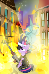 Size: 900x1350 | Tagged: safe, artist:pixelkitties, derpibooru import, twilight sparkle, bandage, clothes, escape from new york, eyepatch, future twilight, gun, manehattan, parody, solo, statue of liberty, weapon