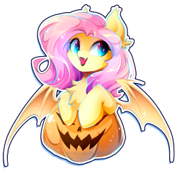 Size: 2173x2133 | Tagged: safe, artist:koveliana, fluttershy, bat pony, pony, bust, chest fluff, cute, fangs, female, flutterbat, halloween, holiday, jack-o-lantern, looking away, looking sideways, mare, open mouth, pumpkin, race swap, shyabates, shyabetes, simple background, smiling, solo, spread wings, transparent background, wings