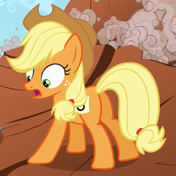 Size: 581x580 | Tagged: safe, screencap, applejack, earth pony, pony, fall weather friends, cropped, female, freckles, looking down, mare, open mouth, plot, solo