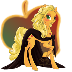 Size: 1000x1000 | Tagged: safe, artist:candasaurus, applejack, earth pony, pony, alternate hairstyle, clothes, cutie mark background, dress, female, lidded eyes, looking at you, mare, raised hoof, simple background, solo, transparent background