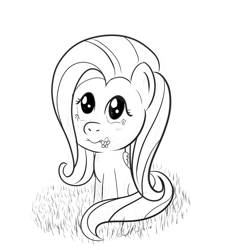 Size: 750x800 | Tagged: safe, artist:veggiefangirl, fluttershy, pegasus, pony, black and white, female, flower, folded wings, grayscale, lineart, looking up, mare, monochrome, mouth hold, sitting, solo, wings