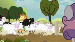 Size: 1280x720 | Tagged: safe, screencap, applejack, sweetie belle, earth pony, pony, sheep, sisterhooves social, apple tree, black sheep, cloven hooves, cowboy hat, female, fence, flock, hat, male, mare, tree