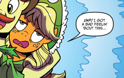 Size: 1172x743 | Tagged: safe, artist:brendahickey, idw, applejack, flam, earth pony, pony, spoiler:comic, spoiler:comicholiday2017, cropped, out of context, solo focus, unf