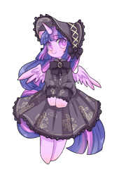 Size: 1024x1506 | Tagged: safe, artist:sugarcubeee, derpibooru import, twilight sparkle, twilight sparkle (alicorn), alicorn, pony, bipedal, clothes, cross, dress, lolita fashion, simple background, solo, transparent background, watermark