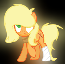 Size: 400x394 | Tagged: safe, artist:rainbowdashswagpony, applejack, earth pony, pony, alternate universe, angry, bandage, blonde, female, glow, glowing mane, hatless, mare, missing accessory, solo, upset