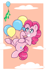 Size: 3300x5100 | Tagged: safe, artist:alemet-gur, gummy, pinkie pie, earth pony, pony, balloon, cloud, female, floating, mare, sky, then watch her balloons lift her up to the sky