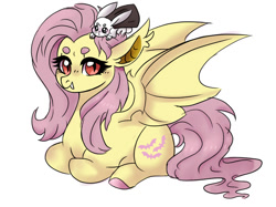 Size: 988x739 | Tagged: safe, artist:evergreen-gemdust, angel bunny, fluttershy, bat pony, pony, cape, clothes, fangs, female, flutterbat, mare, ponyloaf, prone, race swap, simple background