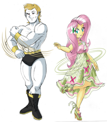 Size: 1922x2194 | Tagged: safe, artist:danmakuman, edit, bulk biceps, fluttershy, equestria girls, clothes, commission, costume, dress, duo, female, flutterbulk, legs, male, muscles, shipping, simple background, speedo, straight, street fighter, white background, zangief