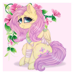 Size: 1024x1024 | Tagged: safe, artist:_spacemonkeyz_, fluttershy, pegasus, pony, bandage, ear piercing, earring, female, flower, fluffy, jewelry, mare, neckerchief, piercing, sitting, solo, unshorn fetlocks