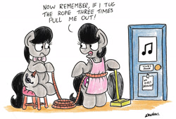 Size: 2250x1524 | Tagged: safe, artist:bobthedalek, octavia melody, oc, oc:mixed melody, oc:octavia's mother, earth pony, pony, apron, clothes, door, duo, rope, stool, traditional art, vacuum cleaner