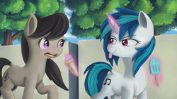 Size: 2560x1440 | Tagged: safe, artist:ailynd, dj pon-3, octavia melody, vinyl scratch, earth pony, pony, unicorn, blushing, duo, female, food, ice cream, mare, smiling, tongue out