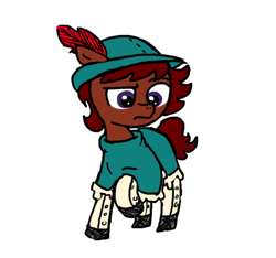 Size: 640x600 | Tagged: safe, artist:ficficponyfic, artist:methidman, color edit, edit, oc, oc only, oc:ruby rouge, earth pony, pony, alternate color palette, child, clothes, colored, colt quest, concerned, dress, feather, female, filly, foal, frown, hat, leggings, simple background, solo, tomboy, white background